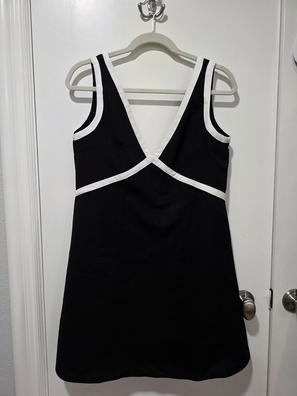 Commense Black V-Neck Mini Dress with White Trim